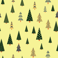 Christmas tree dense seamless pattern. golden christmas background, golden noel print, wrapping paper design