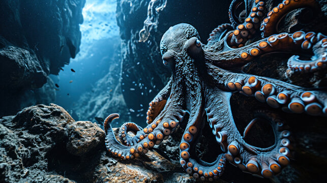 An octopus is swimming in the ocean with a bunch of rocks, AI