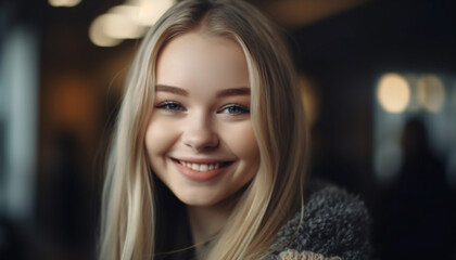 Obraz premium Smiling woman, young adult, blond hair, cheerful portrait, happiness generated by AI