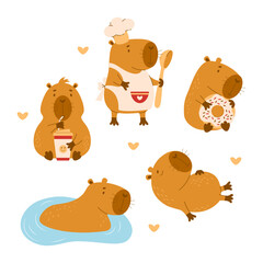 Cute Capybara character collection. Cook with spoon, with coffee and donut, in water and sleeping animal. Isolated funny rodent. Vector illustration in flat style. kids collection.