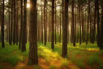 Tranquil pine forest offering serenity and relief from stress. Generative AI