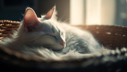Cute kitten sleeping, fur softness, whisker close up, nature fluffy beauty generated by AI