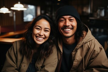 Happy couple enjoying a meal together in a cozy restaurant - obrazy, fototapety, plakaty