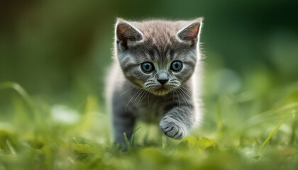 Obraz premium Cute kitten playing in grass, staring with curious blue eyes generated by AI