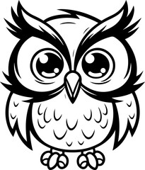Owl in black and white linear cartoon style, vector illustration