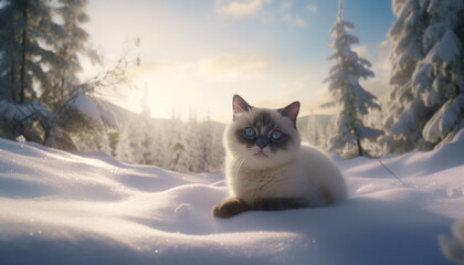 Cute kitten sitting in snow, looking at blue winter forest generated by AI