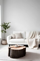 A tree stump table and a white sofa with a wool blanket against a white wall with copy space. Scandinavian rustic interior design for modern living room.