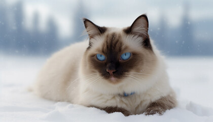 Cute kitten sitting in snow, staring at camera, fluffy fur generated by AI