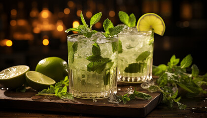 Refreshing mojito cocktail with lime, mint, and citrus fruit generated by AI - obrazy, fototapety, plakaty