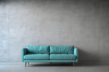 Turquoise sofa against the background of a concrete wall next to the window. Interior design of a studio or living room in minimalistic and loft styles.