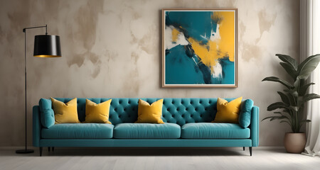 Loft style design for a modern living room. Dark turquoise tufted sofa with yellow pillows, against the background of a beige wall made of decorative plaster. There is a poster of abstract art hanging