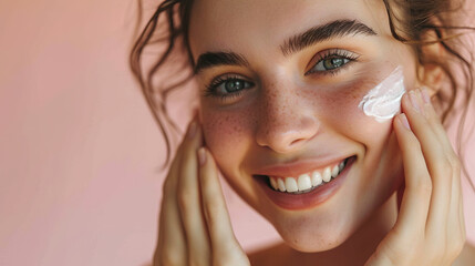 Young attractive woman applies a skin care cream on fresh face