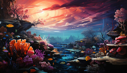 Underwater reef, nature multi colored fantasy, painted image of sea life generated by AI - obrazy, fototapety, plakaty