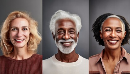 three different diverse people, individual portraits next to each other