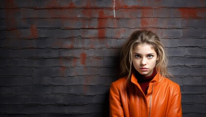rebellious young girl, looks into the camera with a stubborn look, orange jacket, rough stone wall in the background, copy space