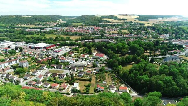 Small French Village Joinville, Pan Right - Haute Marne, France 4K Drone Footage
