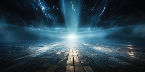 a blue light beams in front of a floor surrounded by a dark background, in the style of abstract...