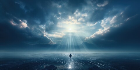 light beams shine through tv screen stock image, in the style of realistic seascapes, dark indigo...
