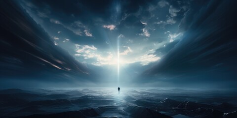 a blue sky with a light shining through it, in the style of conceptual digital art, mysterious...