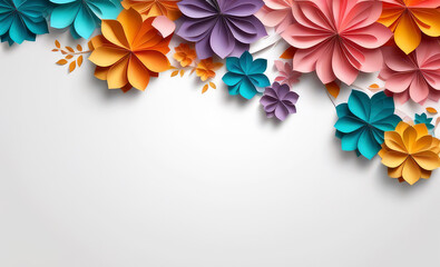 Spring holidays banner with copy space.Abstract 3D origami paper colorful flowers on a white background for design.Generative AI
