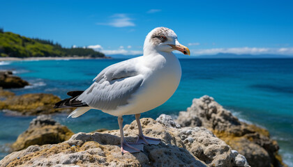 Fototapeta na wymiar Seagull flying over blue water, coastline, and rocky cliffs generated by AI
