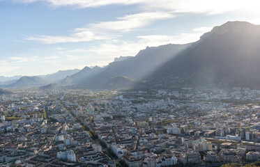 Grenoble, France, view city and mountains during sunset