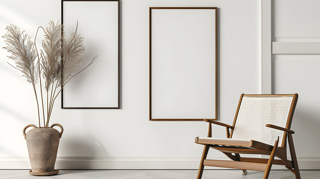 Blank picture frame mockup on white wall. Modern living room design. View of modern Boho style interior with chair, minimalism concept. Two vertical templates for artwork, painting, photo or poster