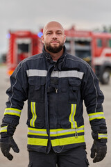 A symbolically brave firefighter strides forward with unwavering courage, epitomizing dedication...