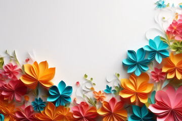 Obraz premium Spring holidays banner with copy space.Abstract 3D origami paper colorful flowers on a white background for design.Generative AI 