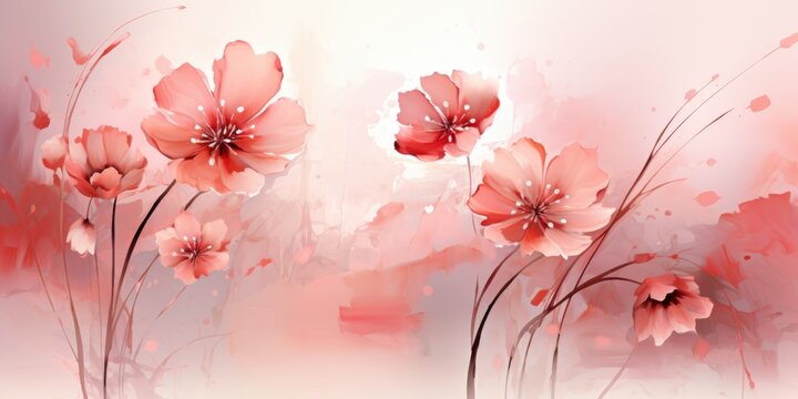 the free floral watercolor background wallpaper design, in the style of light red and light pink, modern ink painting, drips and splatters, shaped canvas, delicate flowers