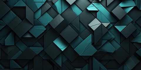 an abstract pattern and wall texture black background, in the style of isometric, dark gray and aquamarine, geometric shapes & patterns, aluminum, shaped canvas, geometric - obrazy, fototapety, plakaty