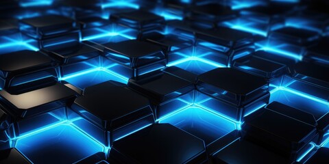 abstract background with blue glowing hexagons, in the style of shaped canvas, layered surfaces,...