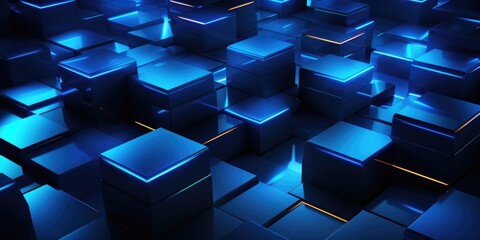 abstract background with blue glowing hexagons, in the style of shaped canvas, layered surfaces,...