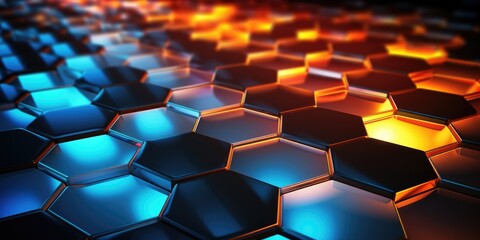 an image of large hex tiles on a black background with colorful lights, in the style of canvas texture emphasis, azure and amber, technological design, luminous shadows, industrial materials