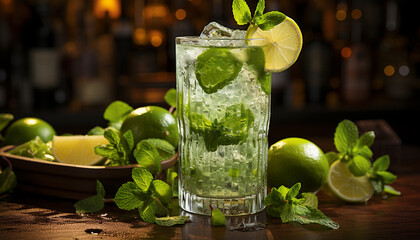 Refreshing mojito cocktail with lime and mint leaf garnish generated by AI - obrazy, fototapety, plakaty
