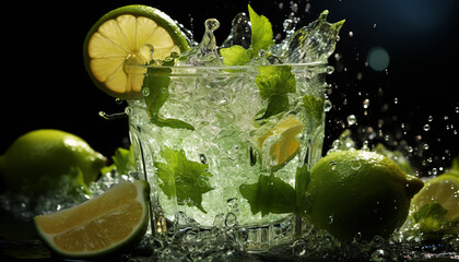 Refreshing summer cocktail with lime, lemon, and mint leaf generated by AI - obrazy, fototapety, plakaty