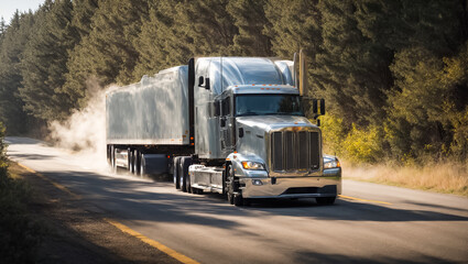 Truck driving down the road in summer