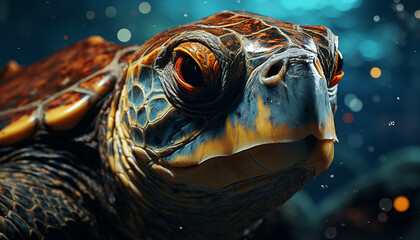 A cute turtle underwater, looking at the camera generated by AI