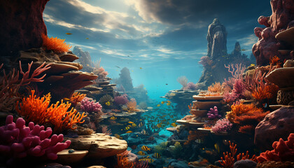 Underwater reef, nature fish, coral below, multi colored sea life generated by AI
