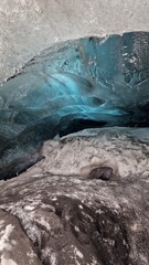 Vatnajokull icebergs blocks inside crevasse, arctic landscape and massive glaciers with blue icy...