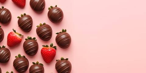 Strawberries in chocolate on a simple pastel pink background, layout with copy space