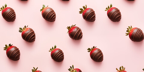 Strawberries in chocolate on a simple pastel pink background, layout 