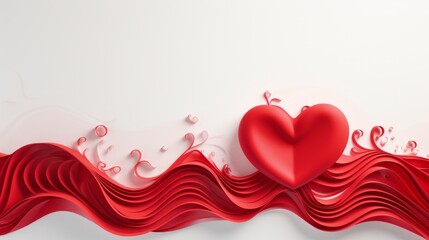 Red love waves and red hearts on a white background, paper decor 3d in minimalistic style.