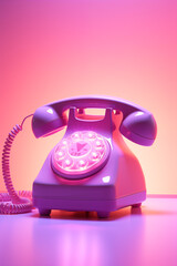 Lilac retro telephone, stylish interior photo in minimalistic style with glowing