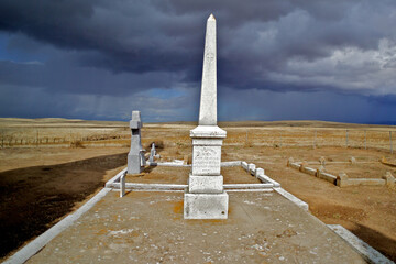 Pioneer Cemetery with approaching rainstorm, Central Valley, California 