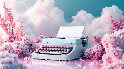 Retro 3d typewriter with blank paper with clouds and flowers. Concept for writing, copywriting, creating content, blog posts, ads, promo materials, storytelling