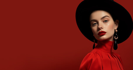 Elegant woman face portrait in red color, beauty fashion model with red lips, copy space on background