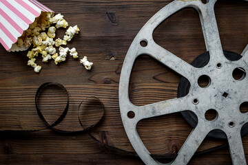 Film reels top view. Cinema industry and movie background