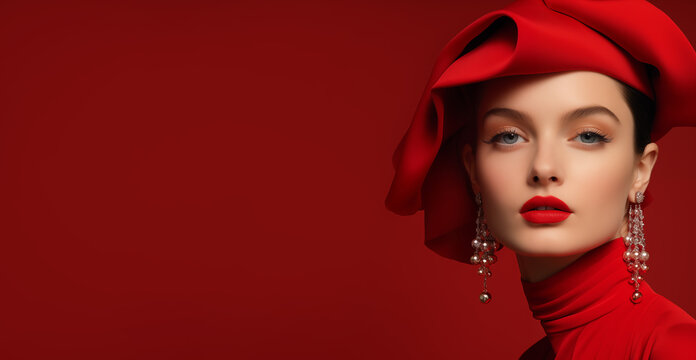 Elegant woman face portrait in red color, beauty fashion model with red lips, copy space on background - Powered by Adobe