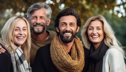 Family portrait of two male brothers with their wives, all smiling happily, outside - obrazy, fototapety, plakaty